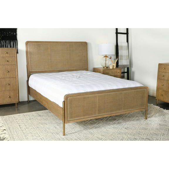 Stevie Queen Panel Bed: Sand Wash & Natural Cane Coastal Style, Solid Wood Frame, Mid-Century Modern Design, Bedroom Furniture, 91" L x 65" W