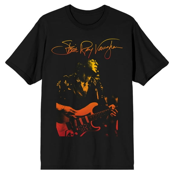 Stevie Ray Vaughan Playing Guitar With Signature Men's Black Short Sleeve Tee-Small
