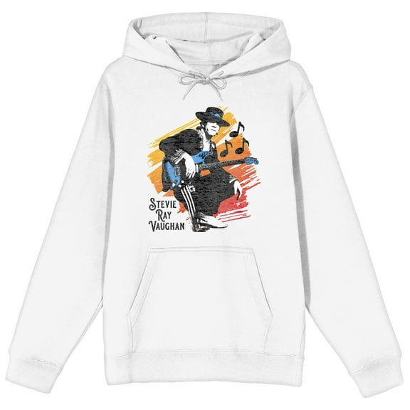 Stevie Ray Vaughan With Guitar Long Sleeve White Adult Hooded Sweatshirt-Large