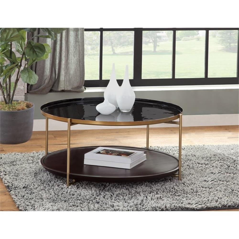 Stevie 36" Black Enamel and Bronze Metal Round Coffee Table with Cherry Wood Shelf