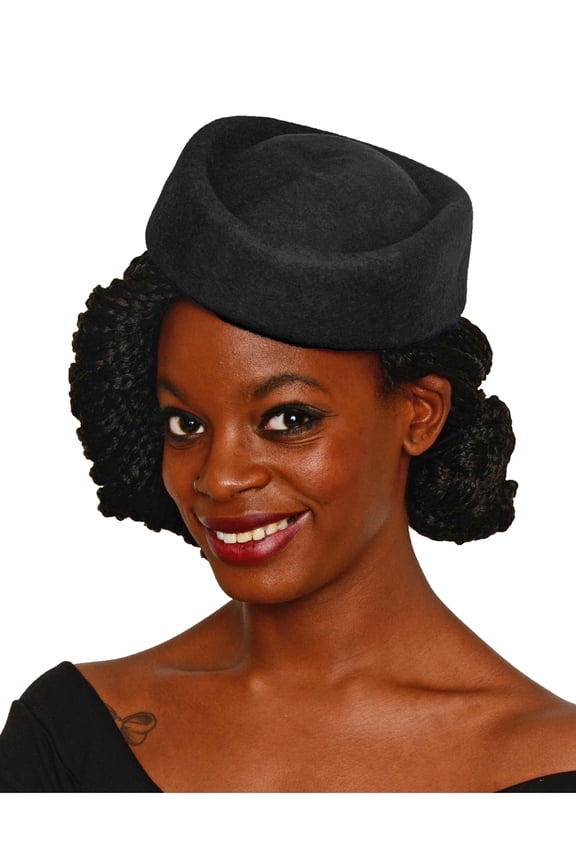 Stewardess Style Oval Black Pillbox Hat - Cocktail, Party, Wedding, Church