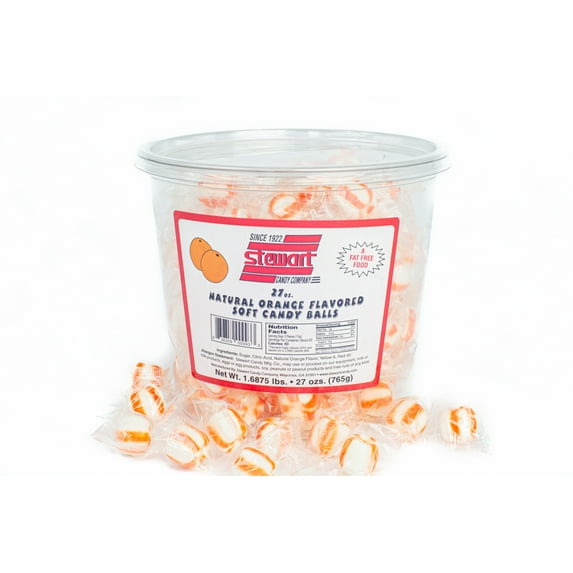 Stewart Candy Orange Flavored Soft Candy Puff Balls - 27oz Tub for Home, Office, Break Rooms - Individually Wrapped, Fat-Free, Cholesterol-Free, Gluten-Free