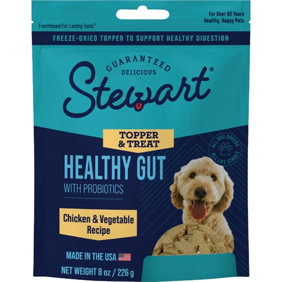 Stewart Freeze Dried Dog Food Topper, Healthy Gut, Chicken and Vegetable Recipe, 4 Ounce Pouch, with Live Cultures for Enhanced Digestion