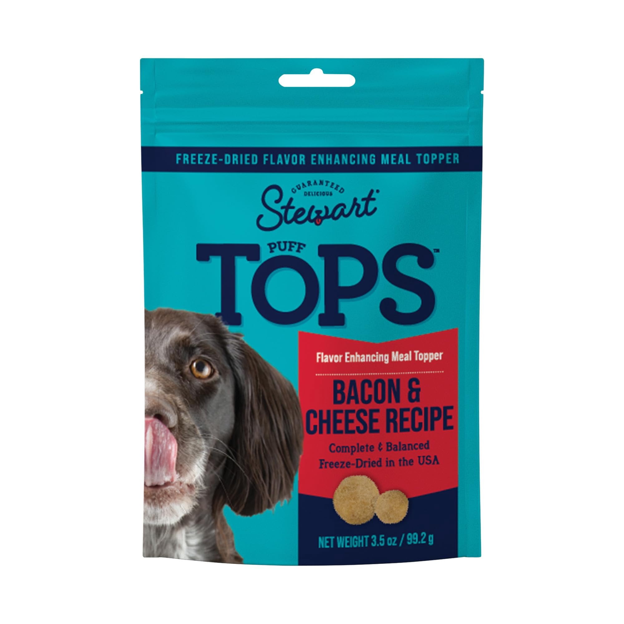 Stewart Freeze Dried Dog Food Topper, PuffTops, Bacon & Cheese, 3.5 Ounce Resealable Pouch, Flavor Enhancing Meal Topper or Dog Treat, Made in USA