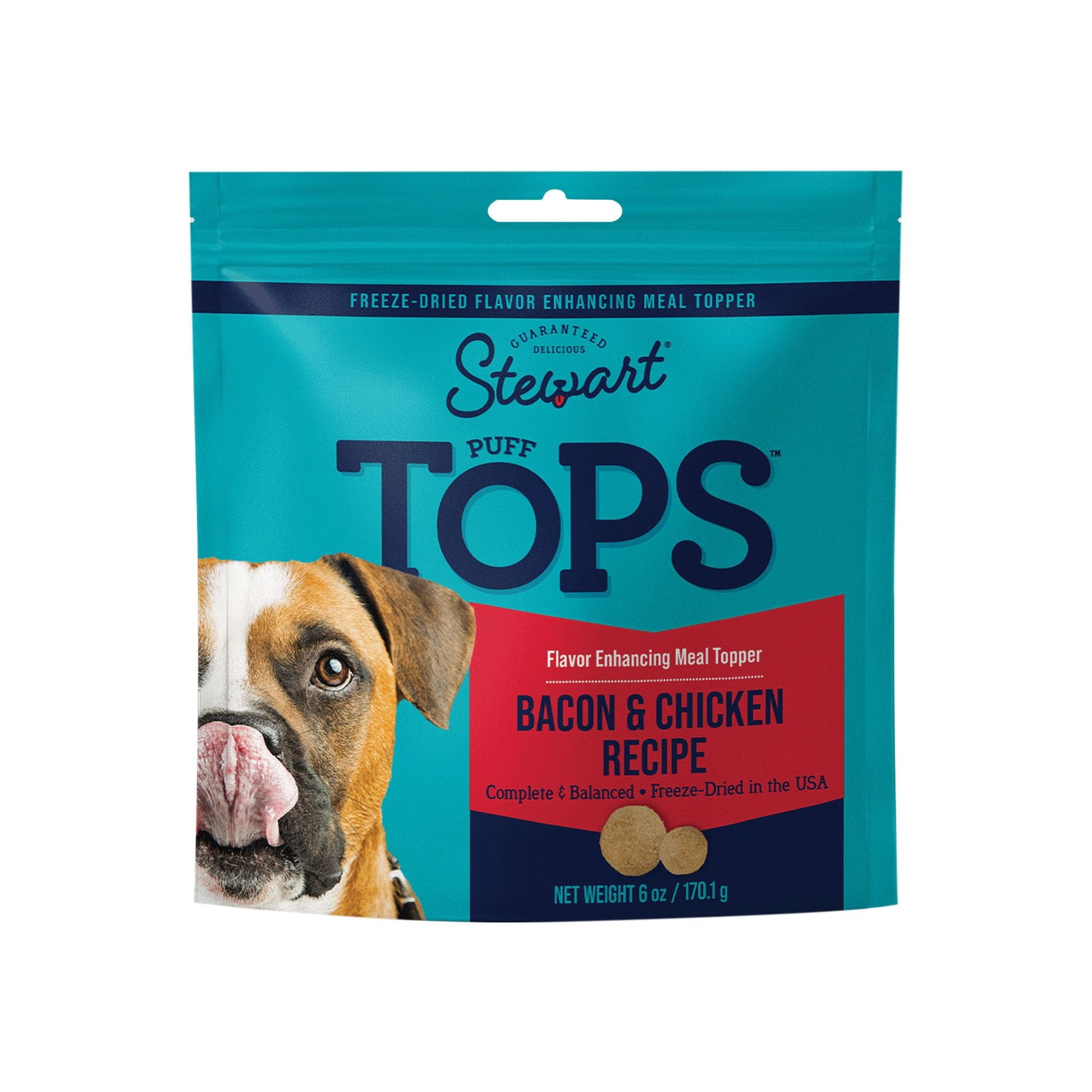 Stewart PuffTops Dog Food Topper, Freeze-Dried Bacon, Chicken, Apple, Kale - 6 oz Pouch