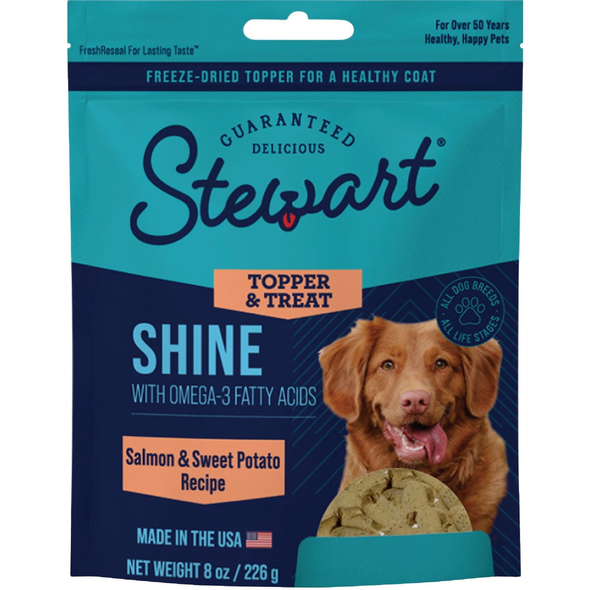 Stewart Freeze Dried Dog Food Topper, Shine, Salmon and Sweet Potato Recipe, 8 Ounce Pouch, Omega-3 for a Healthy Coat