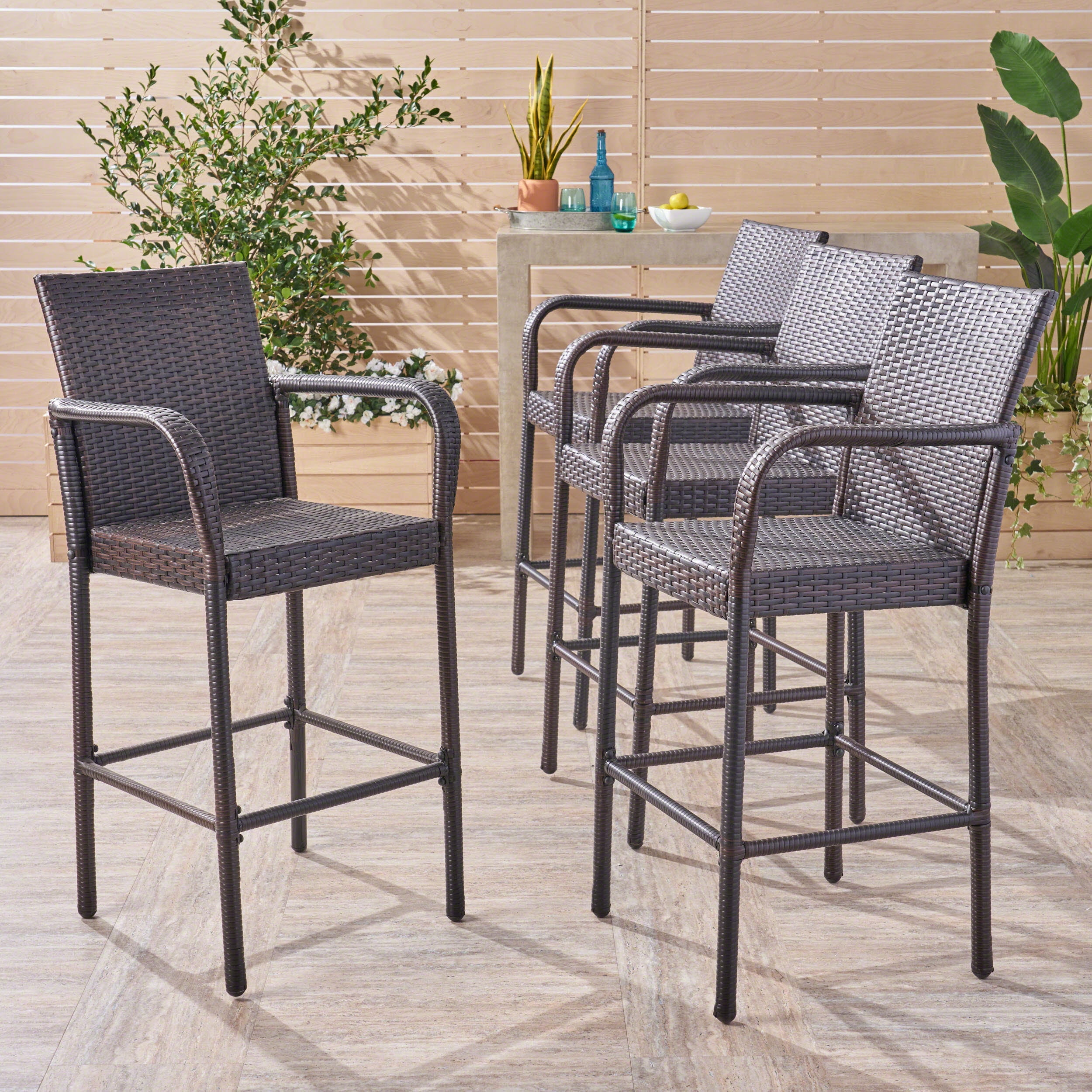 Delfina Outdoor Multibrown Wicker Barstool Set with Armrests, 4-Piece