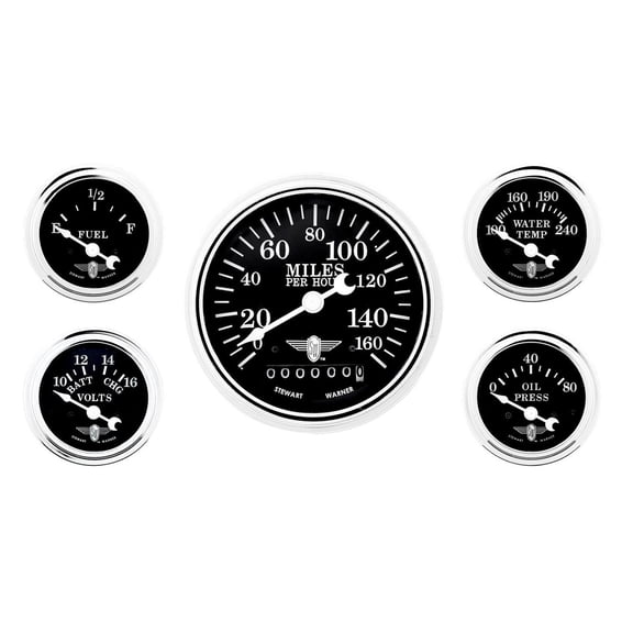 Stewart Warner 82227 Five Gauge Set, Electric/Mechanical, Black