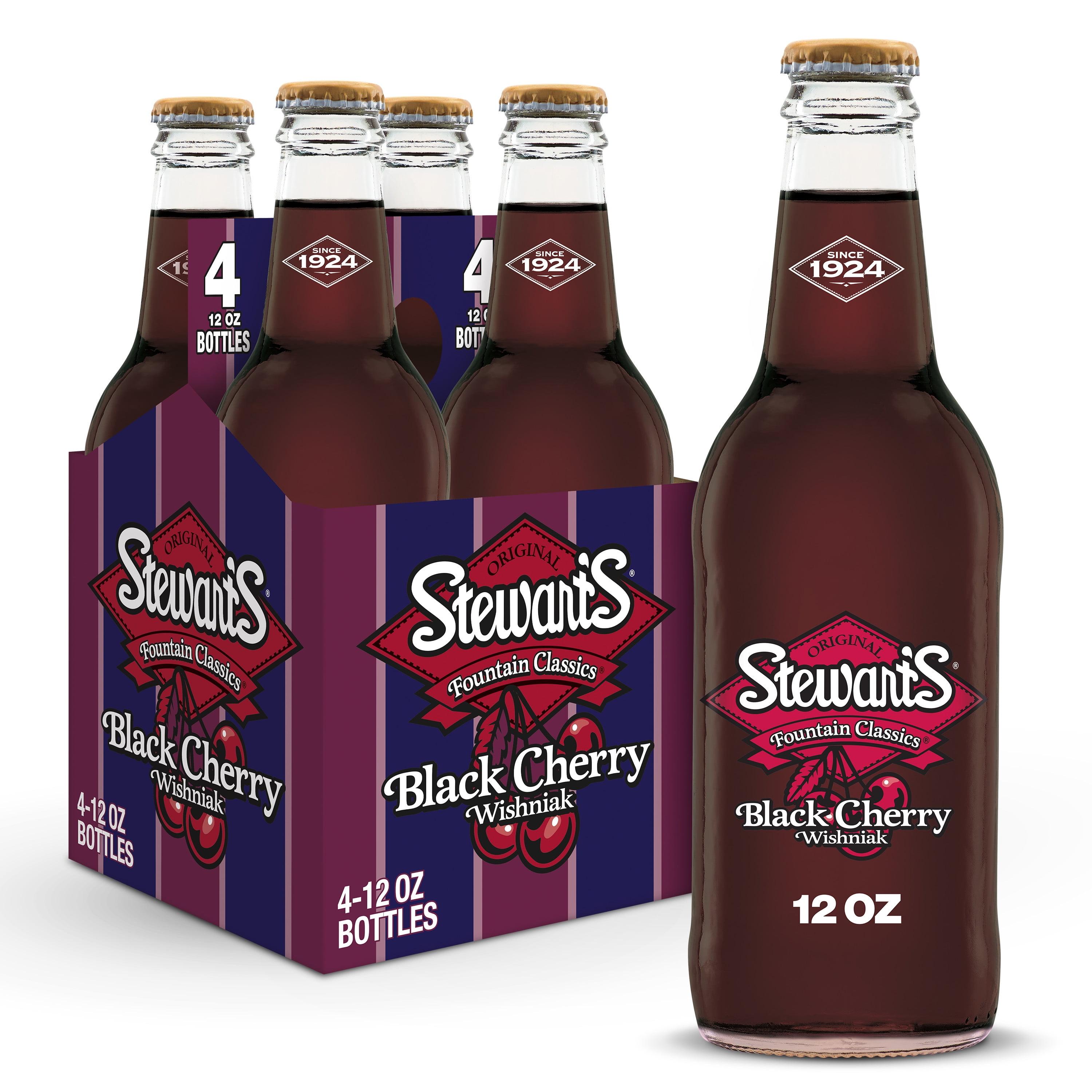 Stewart's Black Cherry Wishniak Made with Sugar, 12 fl oz glass bottles, 4 Pack