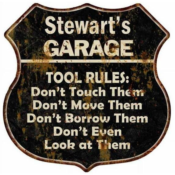 Stewart's Garage Tool Rules Sign Shield Metal Gift 211110003446