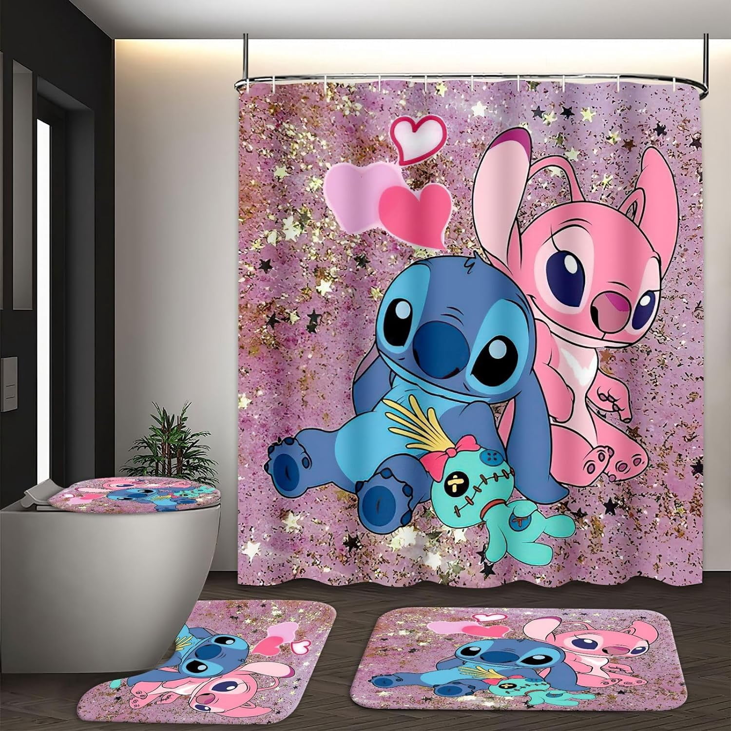 Sti-tch Bathroom Set - 4 Piece Stitch Shower Curtain Set with 72x72 inch Shower Curtain, Bath Mat, Toilet Lid Cover, U-Shaped Rug, and 12 Hooks