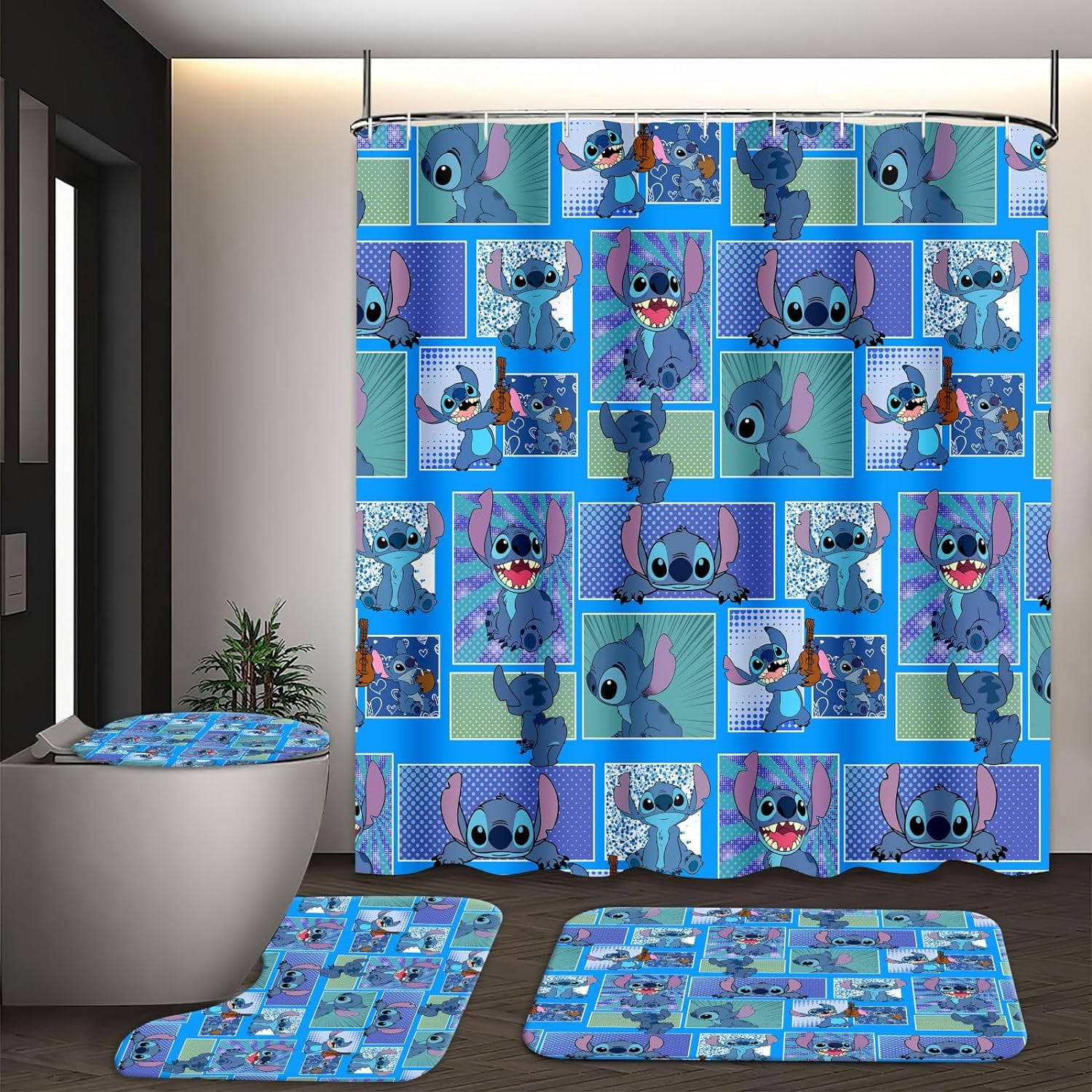 Sti-tch Bathroom Set - 4 Piece Stitch Shower Curtain Set with 72x72 ...