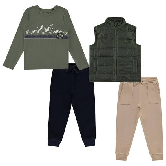 STITCH & STONE 4-Piece Toddler Boys' Outfit Set – Long Sleeve Dinosaur Graphic Shirt, Puffer Vest, and 2 Jogger Sweatpant