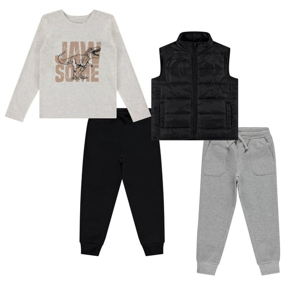 STITCH & STONE 4-Piece Toddler Boys' Outfit Set – Long Sleeve Dinosaur Graphic Shirt, Puffer Vest, and 2 Jogger Sweatpant