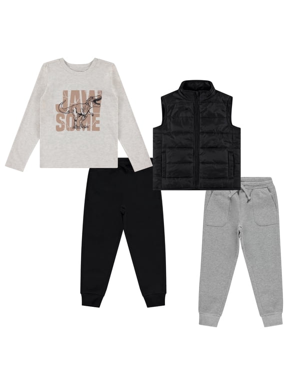 4-Piece Toddler Boys' Outfit Set Long Sleeve Dinosaur Graphic Shirt, Puffer Vest, and 2 Jogger Sweatpant