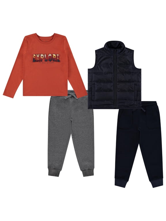 4-Piece Toddler Boys' Outfit Set Long Sleeve Dinosaur Graphic Shirt, Puffer Vest, and 2 Jogger Sweatpant
