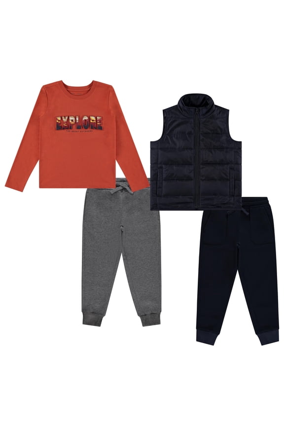 4-Piece Toddler Boys' Outfit Set – Long Sleeve Dinosaur Graphic Shirt, Puffer Vest, and 2 Jogger Sweatpant