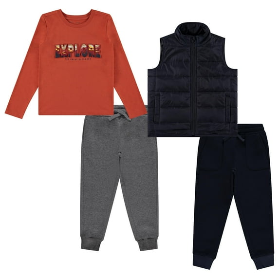 STITCH & STONE 4-Piece Toddler Boys' Outfit Set – Long Sleeve Dinosaur Graphic Shirt, Puffer Vest, and 2 Jogger Sweatpant