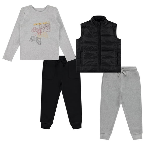 STITCH & STONE 4-Piece Toddler Boys' Outfit Set – Long Sleeve Dinosaur Graphic Shirt, Puffer Vest, and 2 Jogger Sweatpant