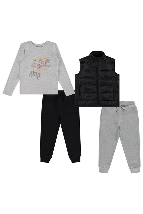 4-Piece Toddler Boys' Outfit Set – Long Sleeve Dinosaur Graphic Shirt, Puffer Vest, and 2 Jogger Sweatpant