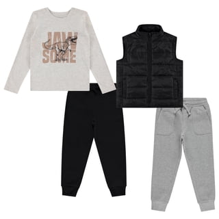 STITCH & STONE 4-Piece Toddler Boys' Outfit Set – Long Sleeve Dinosaur Graphic Shirt, Puffer Vest, and 2 Jogger Sweatpant
