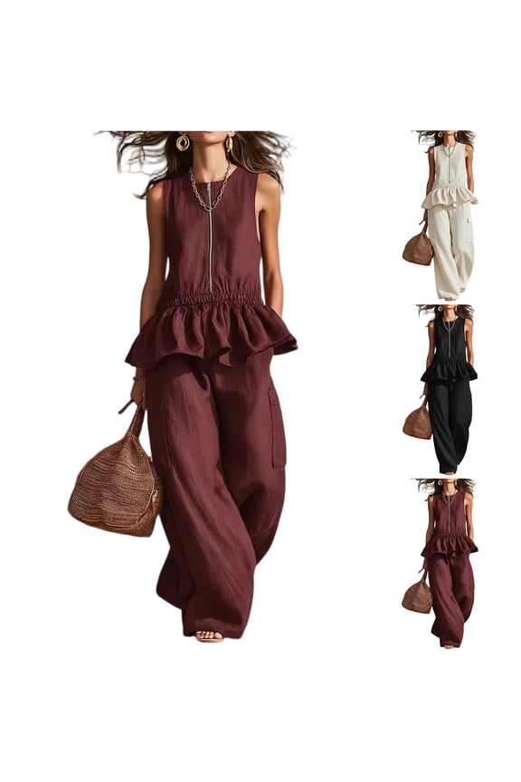 2 Piece Cotton Linen Outfit for Women Sleeveless Ruffled Peplum Top & Wide Leg Pants Set Casual Summer Beach Vacation Sets Red M