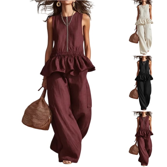 Stichou 2 Piece Cotton Linen Outfit for Women Sleeveless Ruffled Peplum Top & Wide Leg Pants Set Casual Summer Beach Vacation Sets Red M