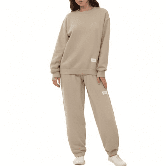 Stichou 2 Piece Outfits for Women Lounge Jogging Suits 2 Piece Set Oversized Sweatshirt Baggy Comfy 2026 Spring Fall Sweatpants with Pockets Beige M