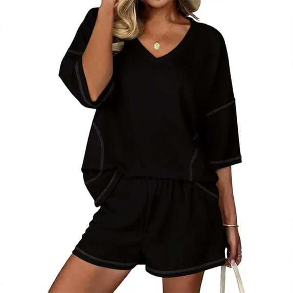 Stichou 2 Piece Sets for Women Summer Lounge Sets Striped Shirts and Shorts Set Spring Fashion Matching Outfit Black L