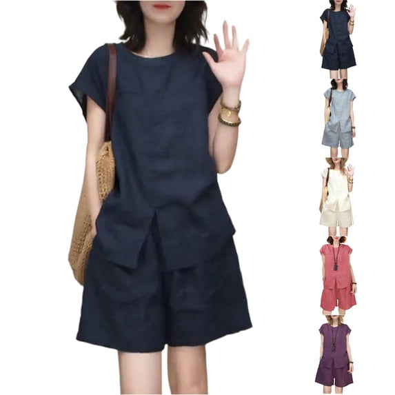 Stichou Women Two Piece Linen Short Set Drawstring Elastic Waist Pants Round Neck Short Sleeve Shirts Comfy Sweatsuit Soft Outfit Navy 2XL