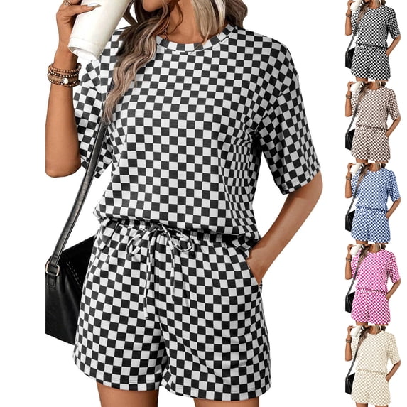 Stichou 2 Piece Short Sets for Women 2026 Summer Spring Plaid Lounge Beach Travel Vacation Outfits Matching Shorts Sweatsuit with Pockets Black XL