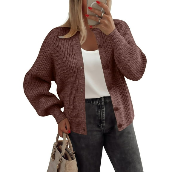 Stichou 2025 Cardigan Sweaters for Women Long Sleeve Chunky Knit Cardigan Crew Neck Button Down Fall Fashion Clothes Brown L