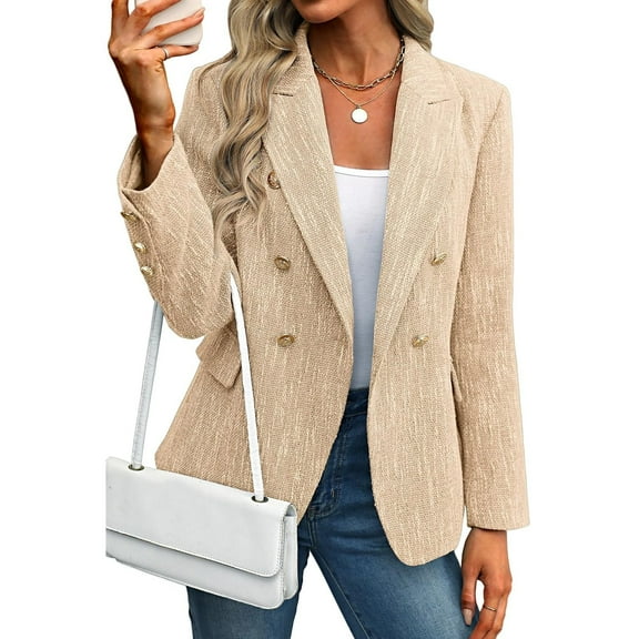 Stichou 2025 Fall Women's Tweed Plaid Blazer Jacket - Fully Lined Fashion Business Casual Lapel Elegant Coat with Pockets Beige 2XL