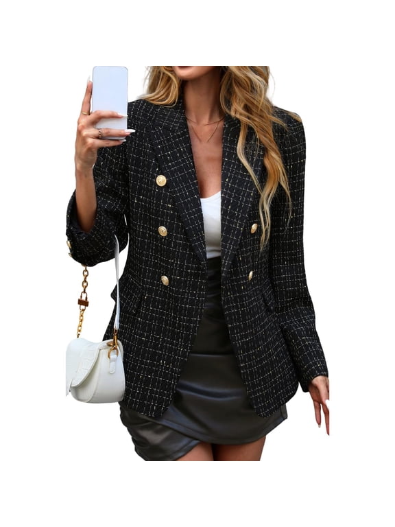 2025 Fall Women's Tweed Plaid Blazer Jacket - Fully Lined Fashion Business Casual Lapel Elegant Coat with Pockets Black 2XL