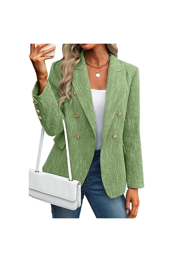 2025 Fall Women's Tweed Plaid Blazer Jacket - Fully Lined Fashion Business Casual Lapel Elegant Coat with Pockets Green 2XL