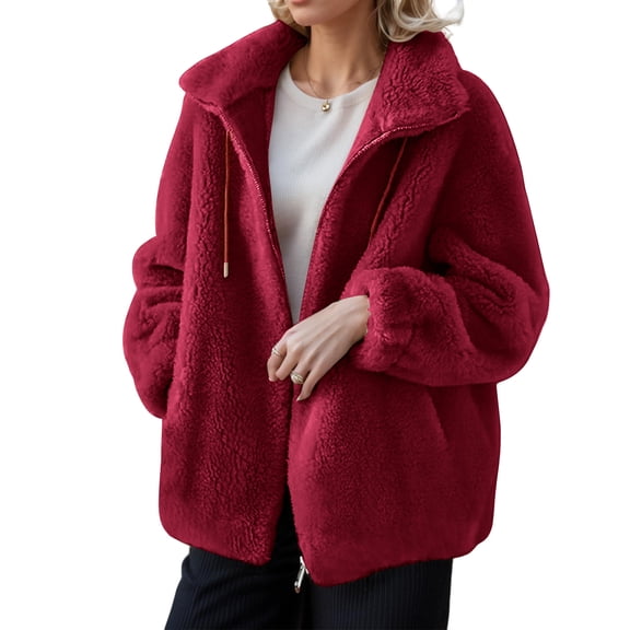 Stichou 2025 Winter Fleece Jacket for Women Zipper Up Zip Up Stand Collar with Pockets Coats Wine S