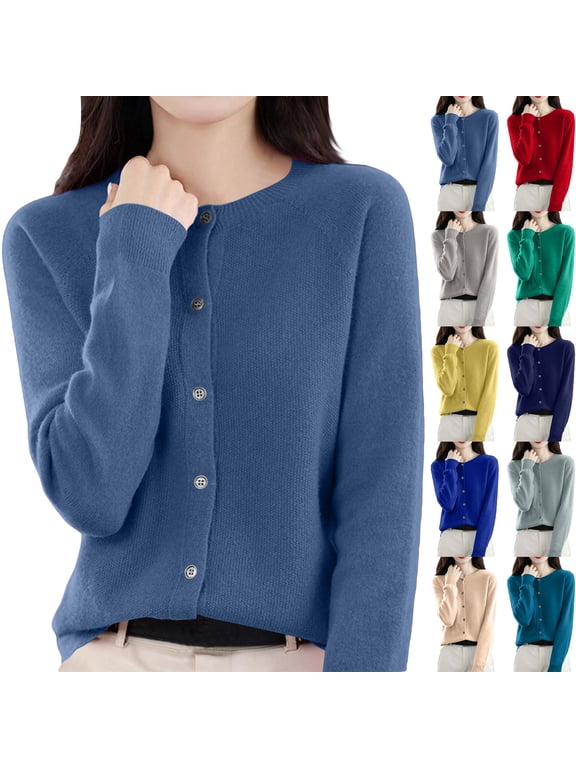 2026 Wool Sweaters Women's Winter Spring Warm Soft Knitted Crew Neck Cardigan Turtleneck Long Sleeves Dark Blue L
