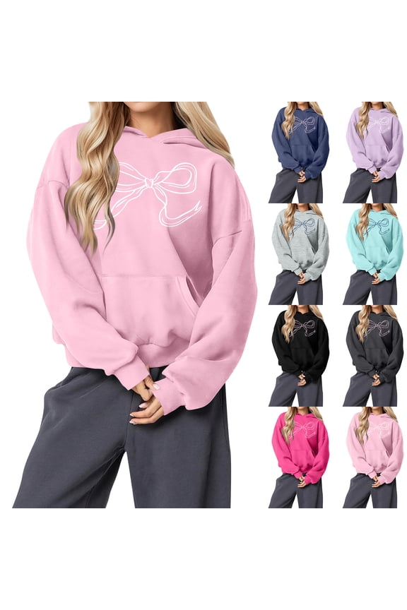 Bow Hoodies for Women Cute Bow Print Sweatshirt Casual Hoodie Spring Fall Fashion Pullover Sweatshirts Pink M
