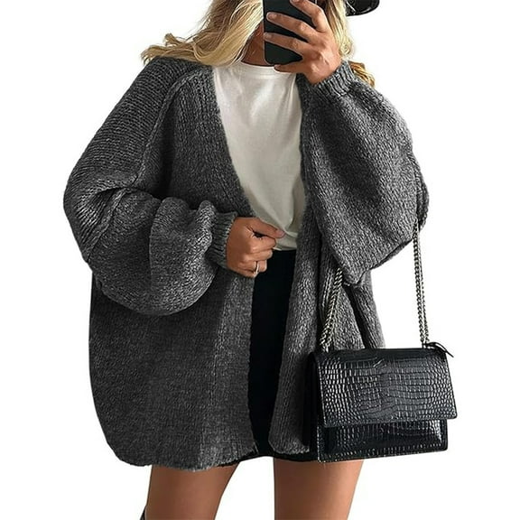 Stichou Cardigan Sweaters For Women,Oversized Open Front Cardigan Sweater Chunky Knit Casual Long Lantern Sleeve Fall Winter Coat Dark Gray S