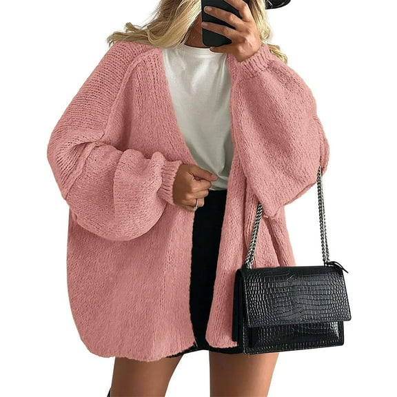 Stichou Cardigan Sweaters For Women,Oversized Open Front Cardigan Sweater Chunky Knit Casual Long Lantern Sleeve Fall Winter Coat Pink S