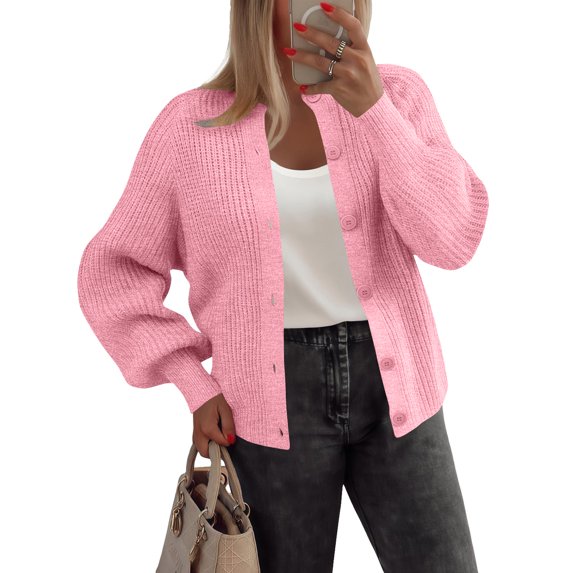 Stichou Cardigan Sweaters for Women Long Sleeve Chunky Knit Cardigan Crew Neck Button Down Fall Winter Fashion Clothes Pink 2XL
