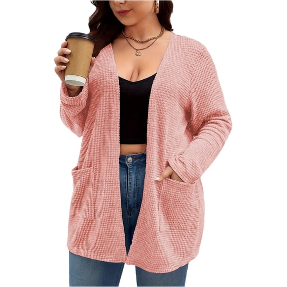 Stichou Cardigan Sweaters for Women Plus Size Waffle Knit Long Sleeve Womens Spring Winter Open Front Sweaters Tops with Pockets Pink XL