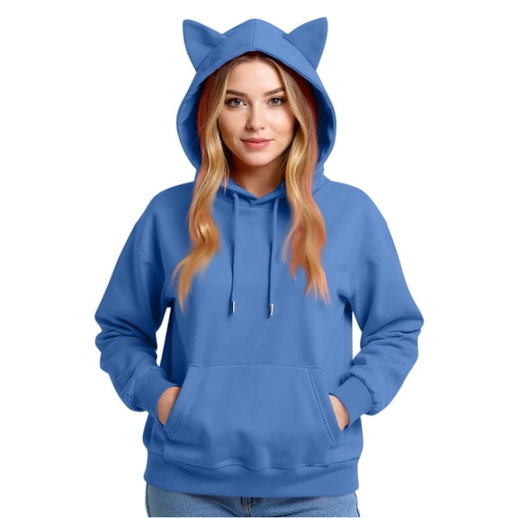 Stichou Cat Ear Hoodies for Women Round Neck Long Sleeve Kawaii Anime Print Hooded Sweater Cute Top Hoodies Pullover Blue L