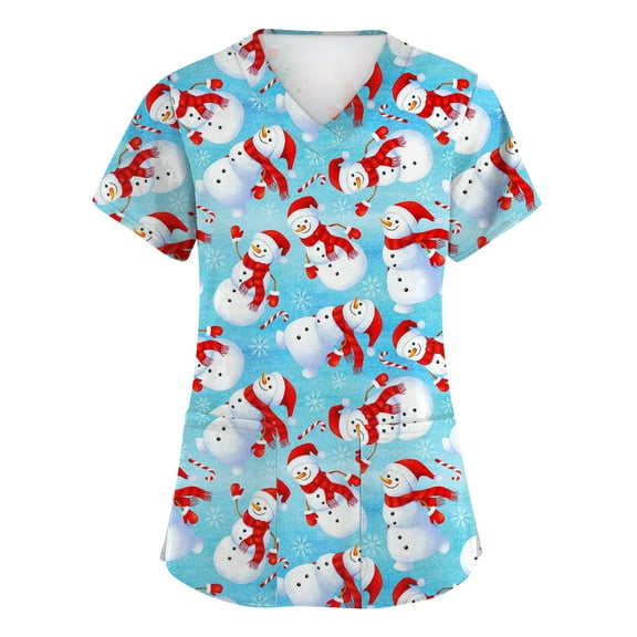 Stichou Christmas Scrubs Tops for Women Plus Size Snowmen Print Short Sleeve Nurse Working Uniforms Happy V-Neck Fashion Stretchy Scrub with 2 Pockets Sky Blue 4XL