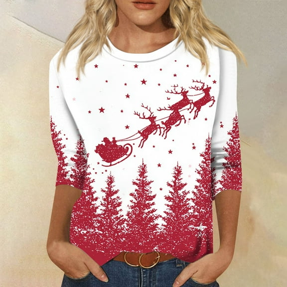 Stichou Christmas Shirts for Women Plus Size 3/4 Length Sleeve Christmas Tree Graphic Happy Xmas Winter T Shirts Loose Fit Tunic Tops Trendy Crewneck Blouse Hot Pink 2XL