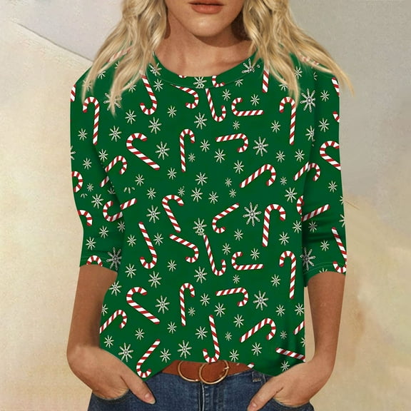 Stichou Christmas Tops for Women 2025 Plus Size Candy Cane Graphic Happy Xmas Fall T-Shirts 3/4 Sleeve Soft Crew Neck Shirts Family Party Blouse Army Green 3XL