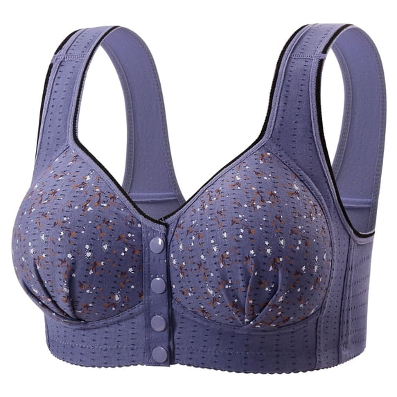 Stichou Daisy Bras for Older Women Plus Size Front Closure No Underwire Push Up Bra Comfy Sleep Supportive Snap Everyday Bras for Senior Blue XL