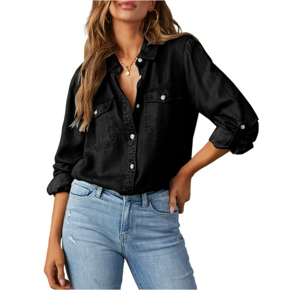 Stichou Denim Shirt Women Button Down Long Sleeve Chambray Western Jean Shirts Collared Casual Denim Tops Black XL