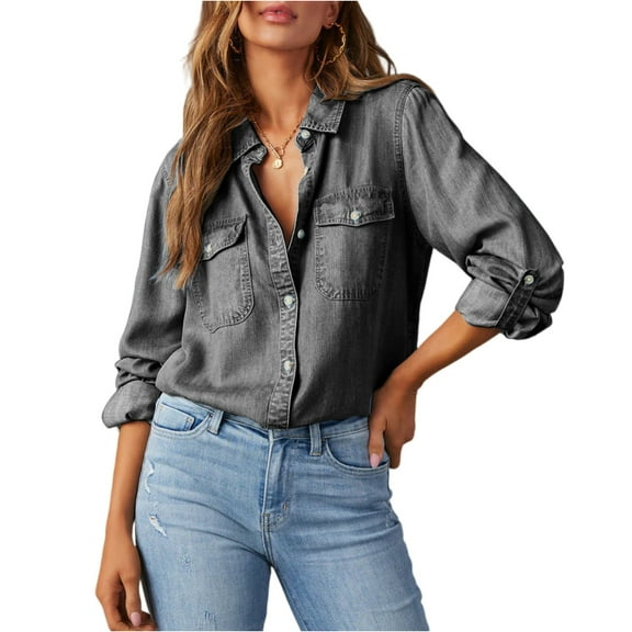 Stichou Denim Shirt Women Button Down Long Sleeve Chambray Western Jean Shirts Collared Casual Denim Tops Dark Gray XL