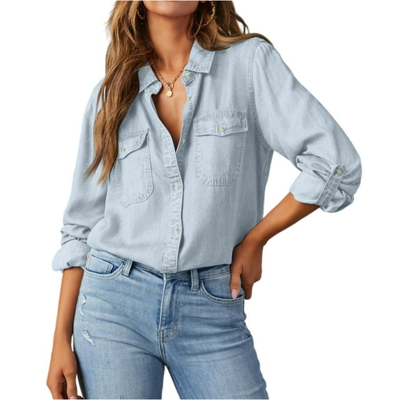 Stichou Denim Shirt Women Button Down Long Sleeve Chambray Western Jean Shirts Collared Casual Denim Tops Light Blue XL